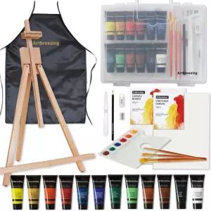 아트브리즈 25pc 탁상용 이젤 페인팅 세트 아크릴 페인트 휴대용 브러시 캔버스 에이프론 플라스틱 케이스