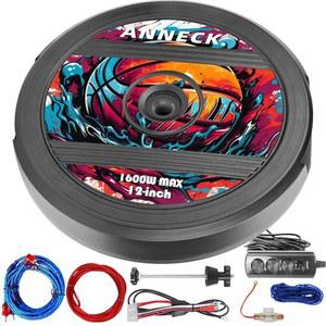 ANNECK 12인치 액티브 스페어 타이어 서브우퍼 - 1600W 피크 파워, 내장 앰프 및 리모컨 | 딥 베이스를 위한 플러그 앤 플레이 히든 카 오디오 시스템 | 대부분의 차량의 스페어 타이어 웰에 범용 장착