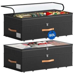 바퀴가 달린 침대 보관, 2팩 언더베드 보관 용기, 11인치 90L XXL 대형 조절식 보관함 조립 금지, 투명 뚜껑, 옷, 신발, 담요, 검은색 롤링