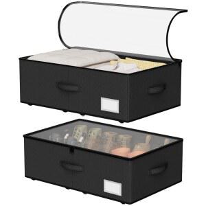 케브로우메 언더 침대 보관, 바퀴 달린 신발 보관 정리함, 보관함, 기숙사 침실 의류 용기 밑으로 굴리기, 블랙 2팩