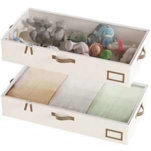 코야쿨 언더베드 수납, 의류용 수납 용기통, 대형 린넨 옷장 정리함, 접이식 빈 기숙사 2팩, 스웨터, 베이지