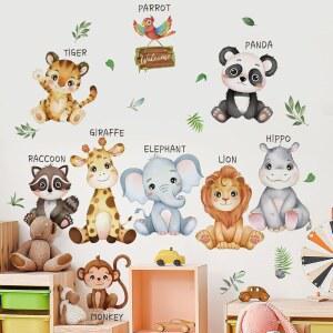 Mirabuy 대형 사파리 동물 교육용 벽 데칼 정글 스티커 사자 판다 기린 원숭이 호랑이 장식 벽화 방 놀이방용