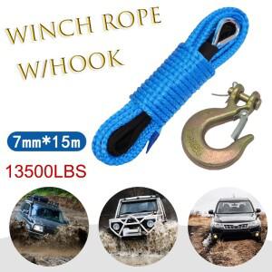7mmx15m 13500LBS 합성 윈치 로프(후크 케이블 포함) ATV UTV용 보호 슬리브 포함