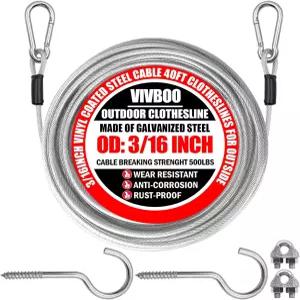 비부 40피트 의류 라인 야외 3/16인치 와이어 로프 실버 PVC 코팅 세탁 건조 금속 후크 및 스냅 헤비