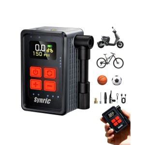Synric 미니 자전거 타이어 펌프, 게이지, 자동 정지 기능이 있는 150PSI 고속 팽창 프레스타 및 슈레이더 밸브가 휴대용 전기 공기 산악 자전거, 로드 바이크, E-Bike를 위한 360 유연한 호스