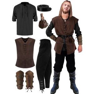 수하인 6개 남성 할로윈 르네상스 의상 세트 중세 조끼 셔츠 발목 밴딩 바지 바이킹 벨트 파우치