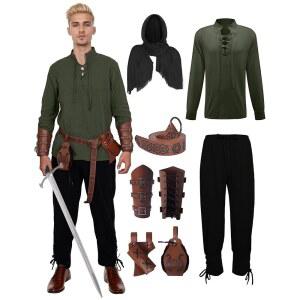7Pcs 남성 르네상스 의상 중세 해적 셔츠 발목 밴딩 바지 바이킹 액세서리 세트