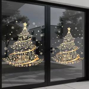 유리를 위한 크리스마스 트리 창문 장식 19.69 * 15.75 인치 대형 황금 눈송이 및 나무 유리 벽 벽화 문