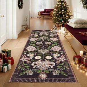 가비홈 플럼 핑크 플로럴 식물성 2x6 세탁 가능한 주방 러너 러그 논 슬립 블랙 퍼플 빈티지 보호 코티지