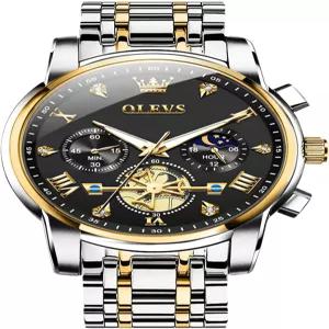 OLEVS 남성용 스테인리스 스틸 크로노그래프 시계 대형 손목 아날로그 쿼츠 패션 방수 다이아몬드 로마