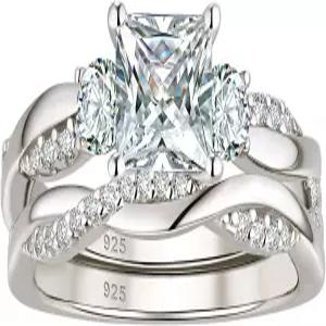 우지웬 웨딩 인피니티 밴드 브라이덜 링 세트 프린세스 컷 약혼 반지 CZ 스털링 실버