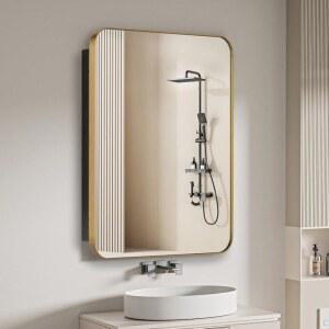 FOMAYKO 욕실 약장, 스테인리스 스틸 브러시 골드 프레임이 있는 16