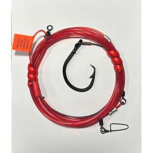 샤크리쉬 드론 준비 25인치 샤크 리그, 18/0 논스테인리스 서클 후크 포함 - 400파운드 땋은 블랙 비닐 코팅 스테인리스 550파운드 레드 하이-비스 리쉬드 모노필먼트 라인