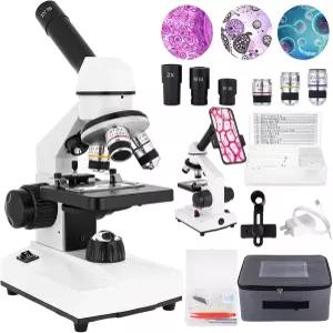 복합 현미경 2000배 확대 스마트폰 어댑터 포함 슬라이드 세트 듀얼 LED 조명 시스템 초보자 및 실험실