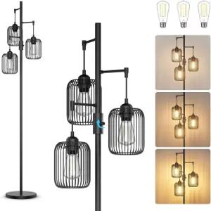 거실용 바닥 램프 케이지 그늘이 있는 70인치 스탠드형 침실 사무실용 3개의 LED 전구가 소박한 산업용