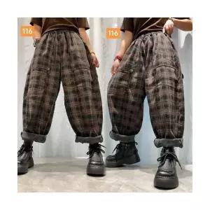 여성용 배기핏 청바지 기모 겨울 빈티지 체크 밴딩 허리 빅핏 도톰한 보온 바지 KS4