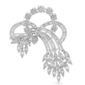 화이트 골드 도금 925 스털링 실버 다이아몬드 플로럴 캐스케이드 브로치 핀 u2013 3.23 CT 내추럴 | 럭셔리 스테이트먼트 브로치(I2 /I3 클리어런스 & I /J 컬러)