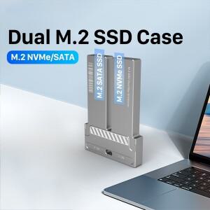 듀얼 베이 NVMe M2 SSD 케이스 10Gbps USB3.2 알루미늄 스틸 인클로저 지원 M 키 B&M NVMe/SATA 디스크