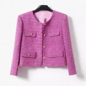 고급 홍콩 수입보세의류 여성 럭셔리 로즈 레드 클래식 노카라 트위드자켓 하객룩 올드머니룩