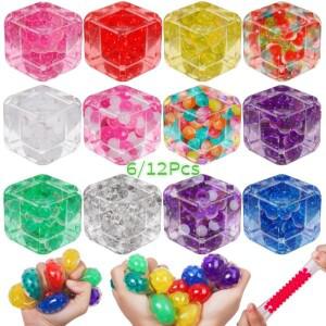 몽테조이 6/12개 스트레스 볼 아이스 큐브 충전 폼 입자 감각 완화 스퀴시 장난감 어린이 및 성인용 불안