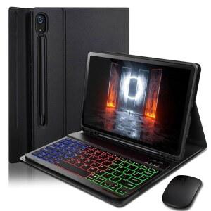 삼성 갤럭시 탭 S10 라이트 / FE S9 S8 10.9-11 인치 커버용 케이스 키보드 - 마우스가 있는 S 펜 홀더가 7색 레인보우 체인지 백라이트 탈착식 마그네틱 블랙