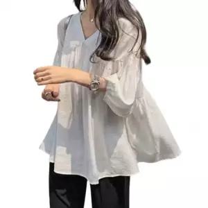 [라일리여성의류] Rly 레이디스 브이컷 탑 퍼프디테일 쓰리쿼터 컴포트