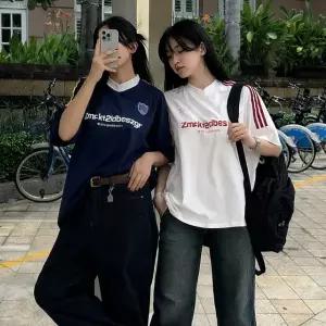 모모핏 비즈 트랙 3라인 져지 반팔 브이넥 티셔츠 블록코어  Y2K