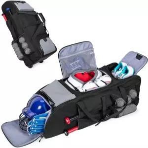 고부로스 롤링 야구 가방 4개 바퀴 달린 검은색 소프트볼 신발 수납공간과 장갑 포켓이 있는 대형 장비