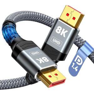 캡시 8K 디스플레이포트 케이블 1.4, VESA 인증 6.6FT DP 코드(8K@60Hz, 4K@144Hz, 2K@240Hz), 게이밍 모니터, 그래픽, PC, HDR / HDCP 2.2 FreeSync G-Sync, 브레이드, 그레이