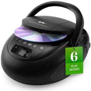[포르르] 타일러 포터블 CD 플레이어 붐박스(FM 라디오, 블루투스, USB 포트 포함) | 선명한 스테레오 사운드 CD-R /RW 및 MP3 호환 3.5mm 보조 입력 헤드폰 잭 TAU107 - 블랙