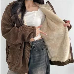 코듀로이 골덴 오버핏 루즈핏 양털 스트링 투웨이 후드집업 점퍼 후리스 겨울 3color