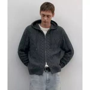 무신사 스탠다드 MUSINSA ANDAR D 아란 케이블 니트 후디드 집업 미디엄 그레이 MMDWJ6Z04-MR 349479