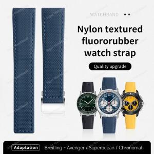 22mm 직조 FKM 플루오로 고무 탑 + 가죽 세일클로스 시계줄 브라이틀링 스트랩 슈퍼오션 네비타이머 어벤저