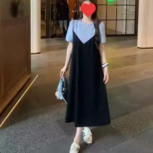 레이어드 뷔스티에 반팔 롱 원피스 여성 캐주얼룩 여자원피스