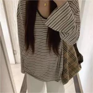 여자 캐주얼 스트라이프 루즈핏 단가라 긴팔티 배색