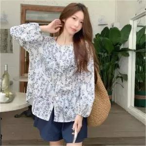 여자 루즈핏 페미닌 세트 플라워 블라우스 반바지