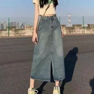 여성 데님 롱기장 슬릿 H라인 청치마 3색 앞트임 롱스커트