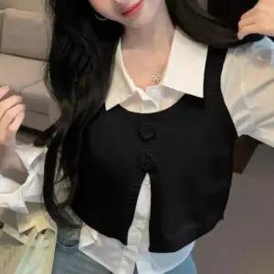 조끼와 세련된 베이직하면서도 장식 블라우스 포인트 뷔스티에 크롭기장 레이어드 셔