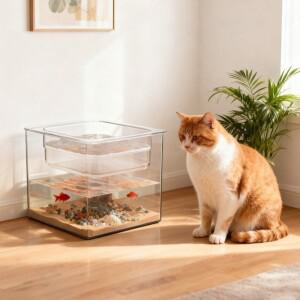 특이한 투명 이중층 어항 큐브 방수 고양이 물그릇 플라스틱 거실용