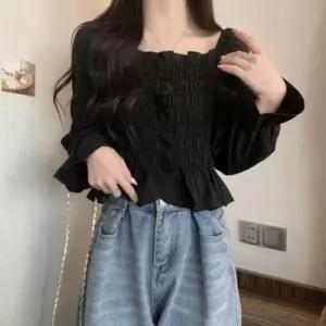 레이스블라우스 스모크밴딩 세미크롭 실크블라우스 WFLPSAU