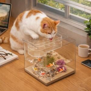 특이한 투명 이중층 어항 큐브 플라스틱 고양이 물그릇 내충격성 금붕어 경관 생태