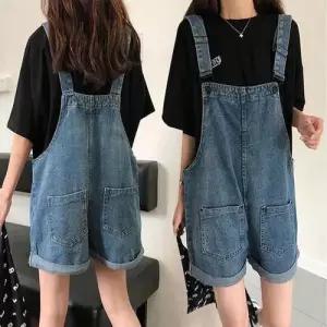 멜빵 점프수트 오버롤 데님 반바지 여자 롤업 청 WFLPTN5