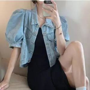 크롭 여자 여름 데님 소매 청자켓 퍼프 반팔 벌룬 WFLPTP3