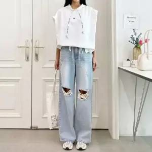 여성 데미지 찢청 와이드핏 구제 데님 팬츠_3