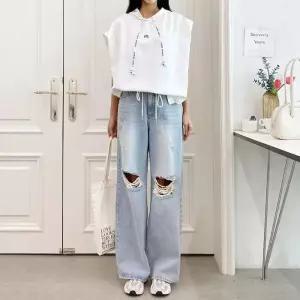 여성 데미지 찢청 와이드핏 구제 데님 팬츠_4