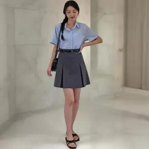 여성 스트라이프 자수 프린트 카라넥 반팔 셔츠