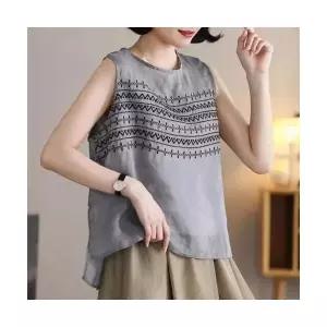여자 민소매 티 셔츠 라운드 자수 빈지 루즈핏 모시 앤크 여름 BE5