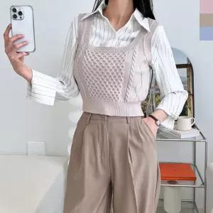 여자 키치무드 짜임 스퀘어넥 뷔스티에 니트 베스트