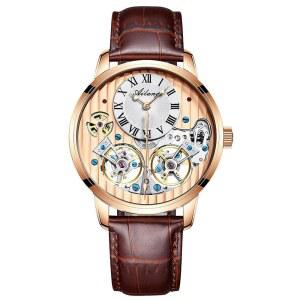 B BINGER 남성용 자동 시계 스켈레톤 아일랑 시리즈 가죽 밴드 손목시계