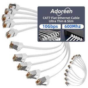 [미국배송] ADOREDEN CAT 7 플랫 이더넷 케이블 1피트/10팩 로우 프로파일 & 컴팩트 RJ45 커넥터가 있는 고속 차폐 인터넷 네트워크 케이블 얇은 슬림 쇼트 캣 6E 6A 패치 코드 S/FTP POE 10GBPS 600MHZ 화이트